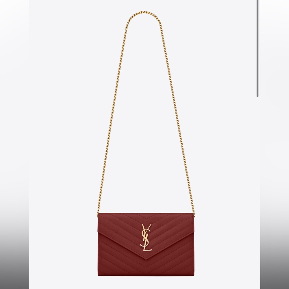 Authentic YSL CLASSIC CASSANDRE CHAIN WALLET IN GRAIN in red